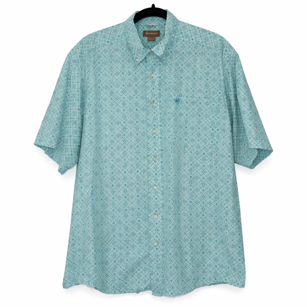 Ariat Mens XXL Turquoise White Geometric Medallion Cotton Short Sleeve Shirt - Picture 2 of 10